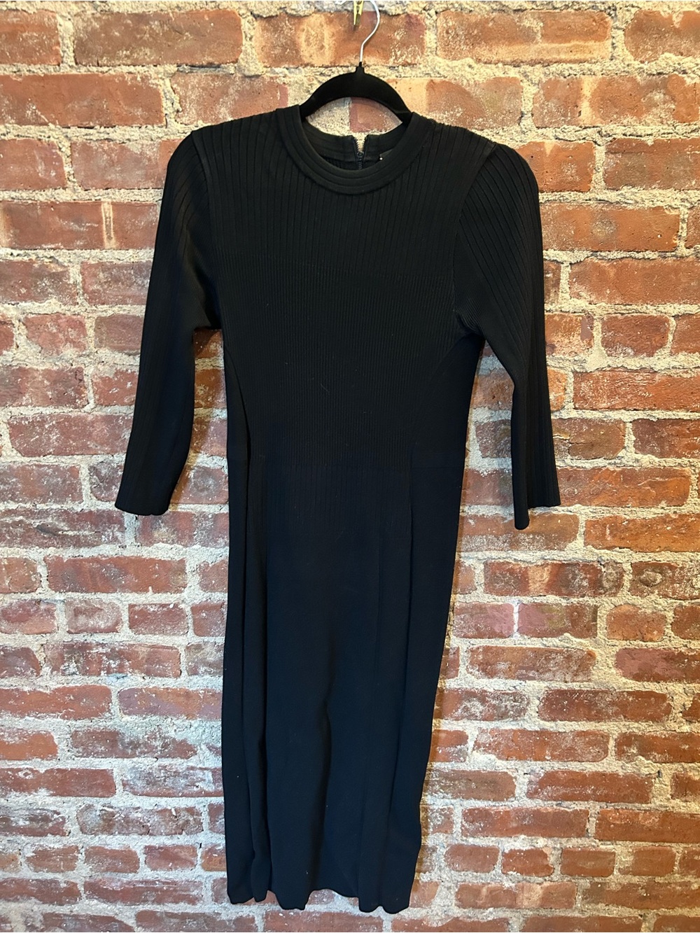 St. John Black Ribbed Long Sleeve Midi Dress